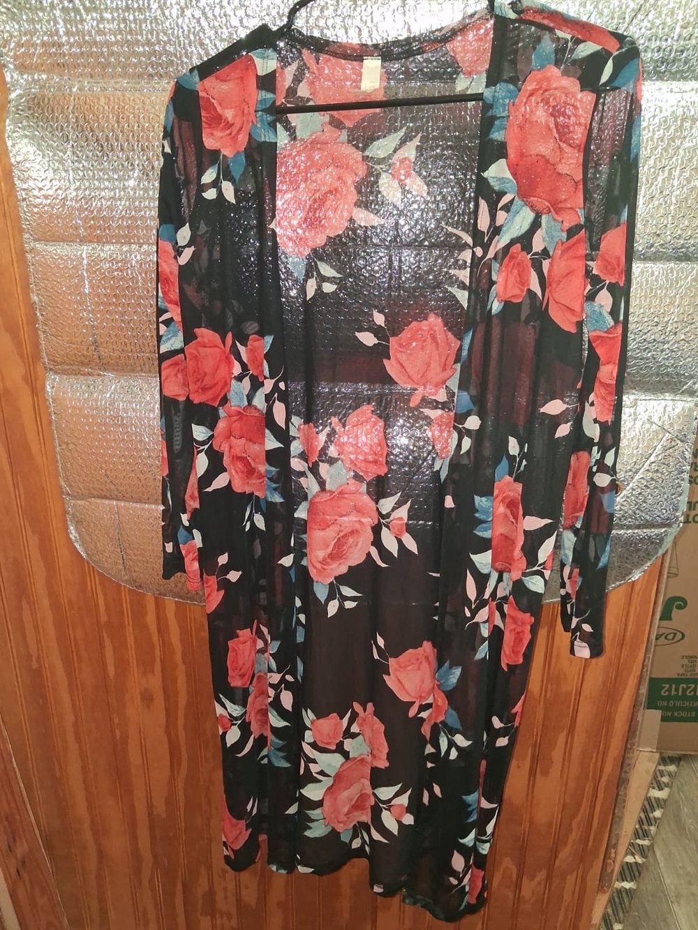 Black Floral Long Cardigan Dress with Red Rose Print